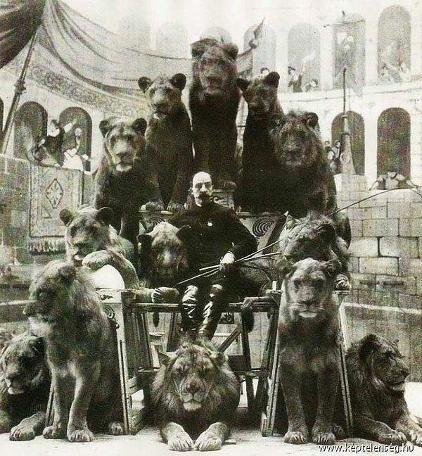 22. Kaptan Jack Bonita isimli tek kollu aslan terbiyecisi ve onun aslanlarıyla verdiği ihtişamlı poz, 1900'ler.