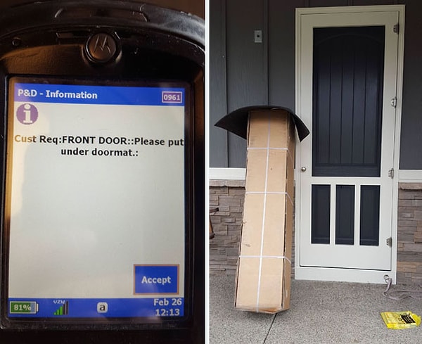 1. Когда посылку положили под коврик, как и просили в сообщении