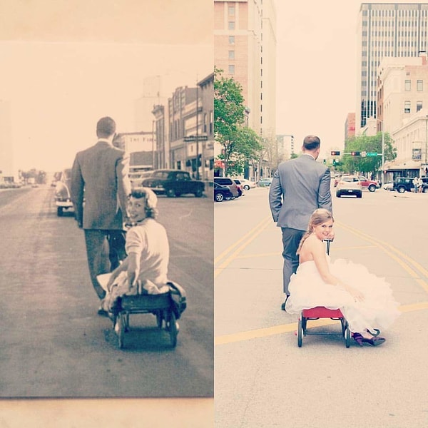 14. А этот молодой человек воплощает в жизнь свадебное фото своих бабушки и дедушки: