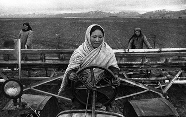 3. Kocaları, kardeşleri Sovyet ordusuyla cepheye gidince, onların yerini doldurmak zorunda kalan Kırgız kadınlar. (1942)