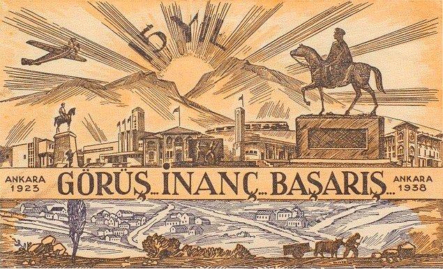 18. 29 Ekim 1938 tarihinde kullanıma giren ve Cumhuriyetimizin 15. yılı münasebetiyle hazırlanan kartpostal.