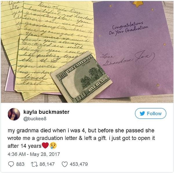 8. "Büyükannem ben 4 yaşındayken vefat etti. Ama ölmeden önce bana mezuniyetim için bir mektup yasmış ve hediye bırakmış. 14 yıl sonra sonunda açtım."