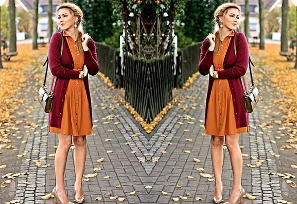 12. Canlı renkte bir elbisenin üzerine giyeceğiniz sıcak renklerde bir hırkayla soğuk havalarda sımsıcak bir stil yaratabilirsiniz.