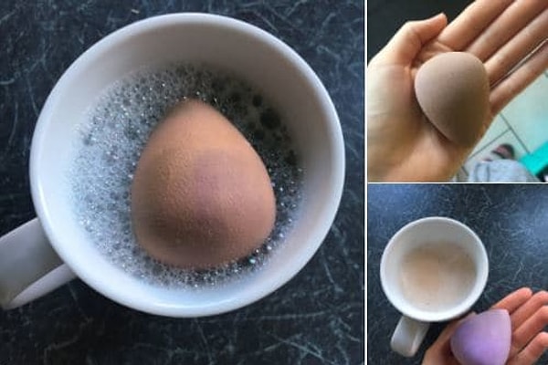 2. Чтобы тщательно вымыть свой бьюти-блендер, налейте в кружку воды, добавьте туда шампунь, поместите в этот раствор бьюти-блендер и поставьте всё это в микроволновку на 1 минуту.