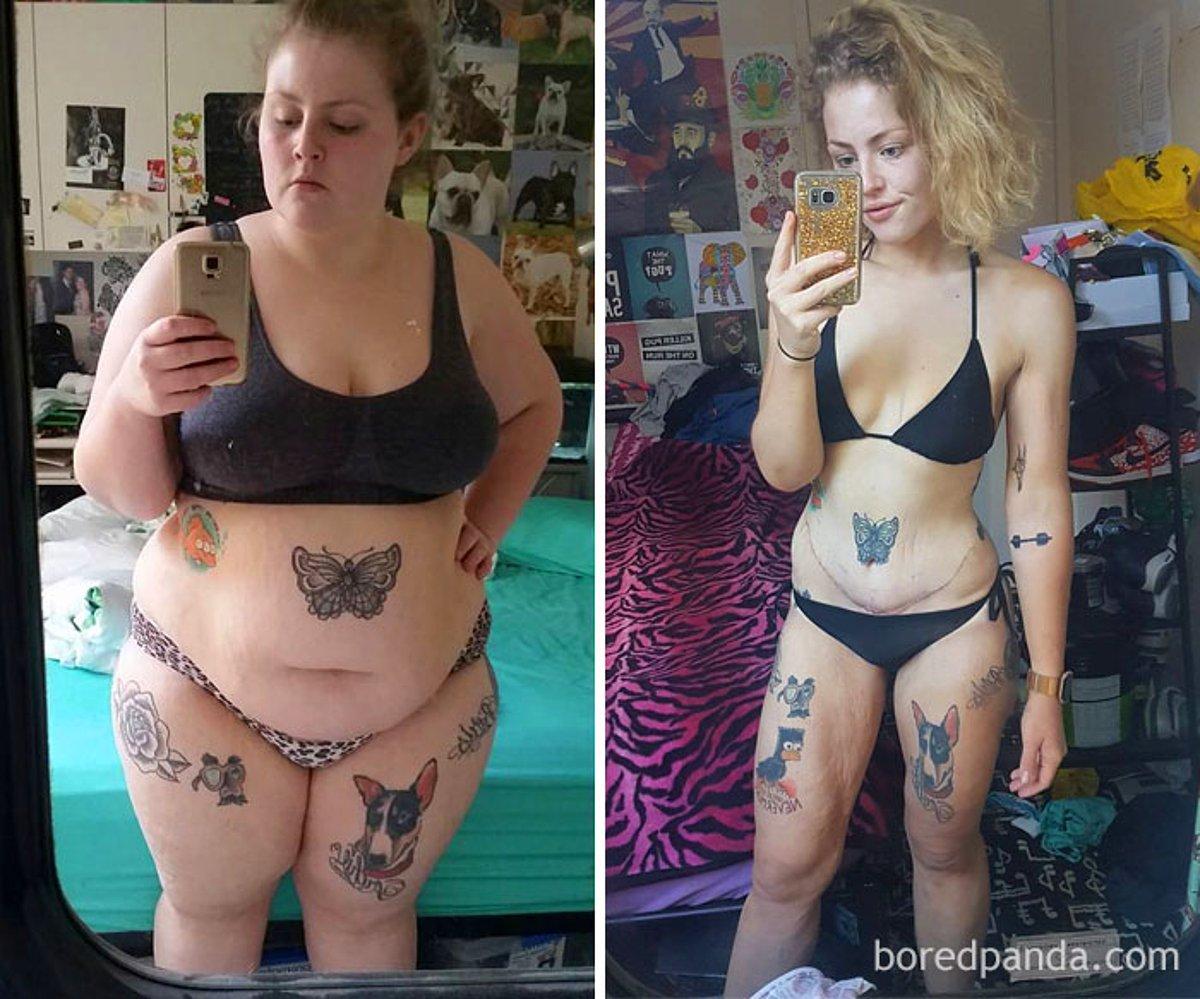 160 килограммовая феминистка. Татуировки до и после похудения. До и после похудения девушки. Тату после похудения.
