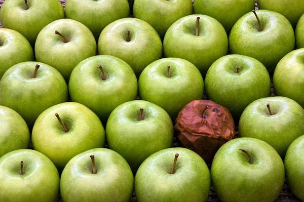 7. Çürük elma etilen salgıladığı için, etilen de çürümeyi hızlandırdığı için, bir sepetteki çürük elma diğer elmaların da çürümesine neden olabiliyor.