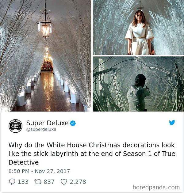 14. "Beyaz Saray dekorasyonları neden True Detective'in 1. sezon sonundaki dallardan labirente benziyor?"