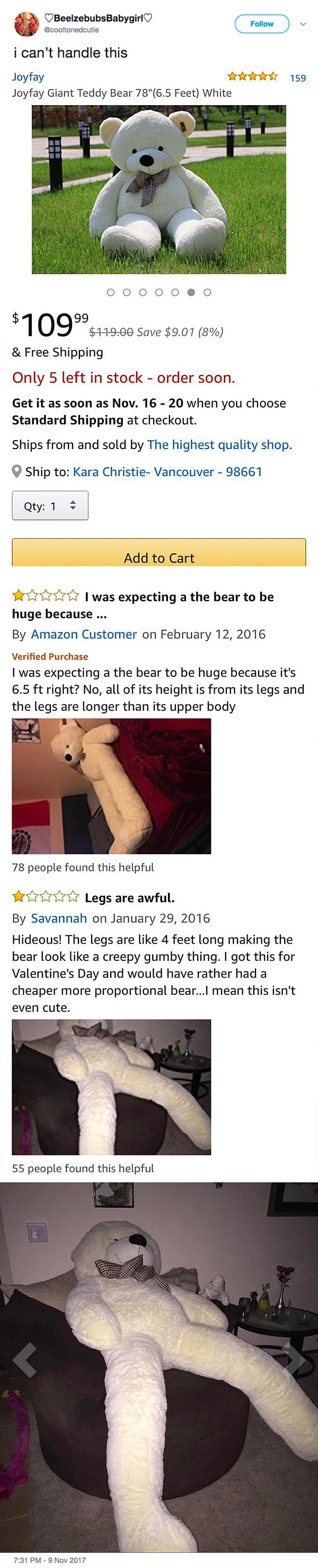 18. И последняя история - о заказе большого мягкого белого мишки, который оказался большим только за счет своих длинных ног 😂 😂