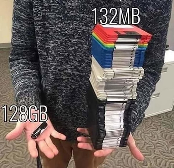 9. Вот так выглядят 128 гигабайт памяти из настоящего и 132 мегабайта из прошлого