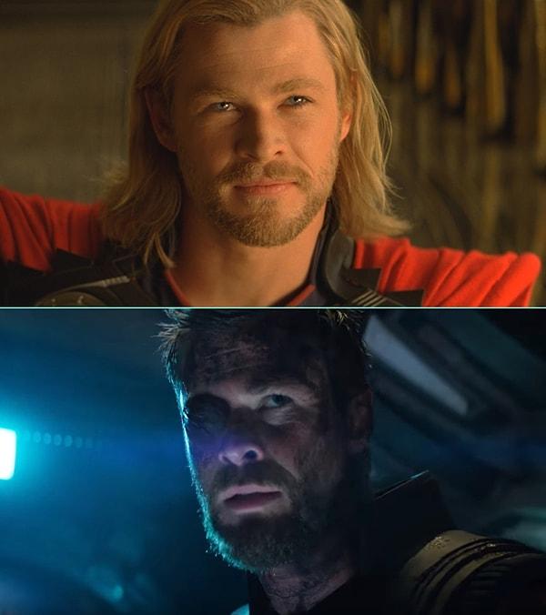 3. Thor'un ilk filmdeki görüntüsü ile Infinity War'daki görüntüsü arasındaki ciddi fark.
