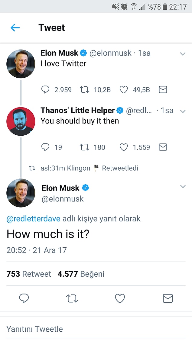 14. "Twitter'a bayılıyorum" "Öyleyse onu satın almalısın" "Kaç para?"