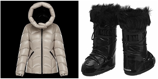 Bensu'nun krem rengi montu Moncler, siyah tüylü kar botları ise Moon Boot marka.