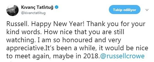 Tabii centilmen Kıvanç da hemen onun yeni yılını kutlayarak bu tatlı sözleri için kendisine teşekkür etti, 2018'de kendisiyle bir araya gelmek istediğini söyledi.