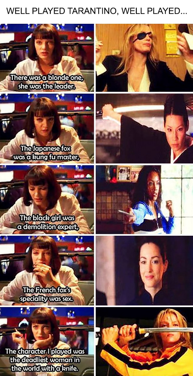 2. Pulp Fiction filminde Kill Bill'e yapılan gönderme her bir karakter için söylenmiş sözler ile gizli gizli yapılmış.
