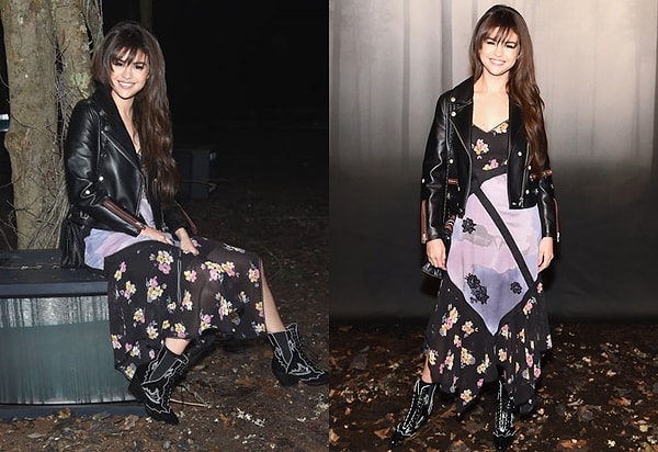 12. Молодая поп-певица, Селена Гомес, занимавшая место в первых рядах на показах, предстала в комби из косухи и платья с цветочным принтом, напомнив моду 70-х...