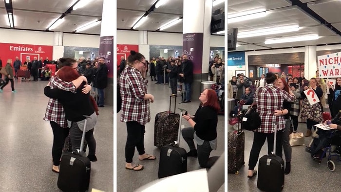 Mükemmel Bir Atmosfer Yaratarak Sevgilisine Havalimanında Evlenme Teklif Eden Kadın