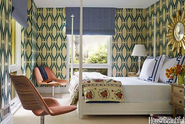 23. Geometri sevenler için sarı ve yeşilin huzurunu veren yatak odası