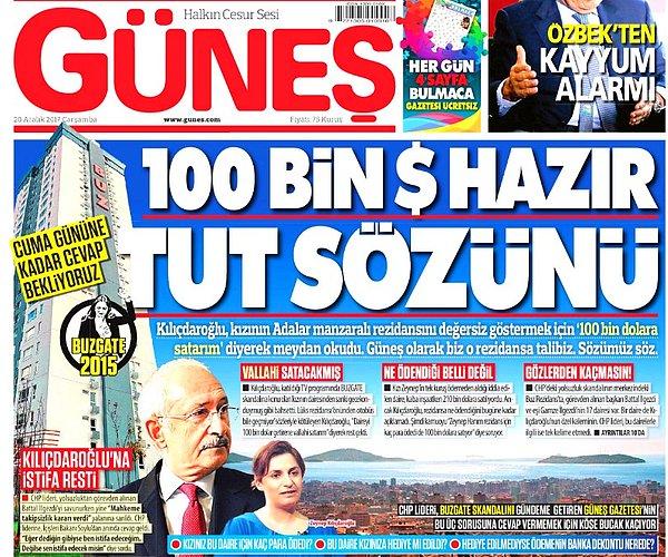 Güneş gazetesi, Kılıçdaroğlu’nun sözlerini haberleştirmiş ve '100 bin dolar hazır tut sözünü. Güneş olarak biz o eve talibiz' manşetini atmıştı.