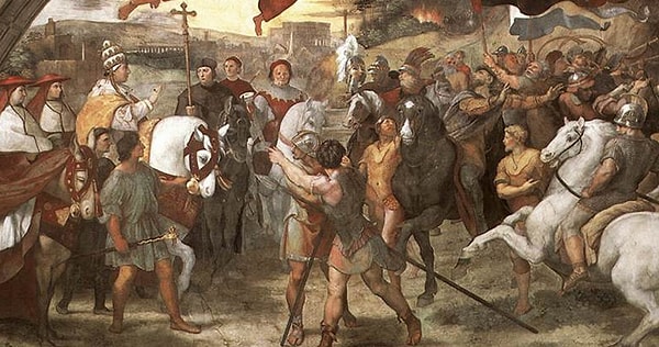 3. В 452 г. Аттила, правитель гуннов, направил свои войска на Рим. До этого его армия разграбила и разорила большие части Германии, Греции и Македонии. Но после того как римский папа Лев I прибыл с посольством к Аттиле, тот передумал захватывать Рим.