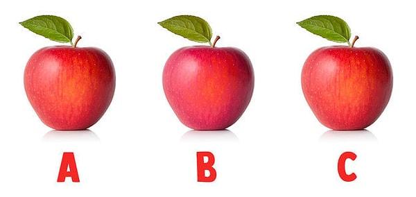 1. KIRMIZI: Hangi elma diğer ikisinden farklı?