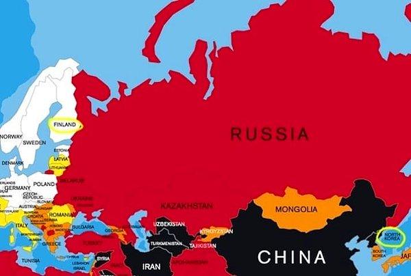 6. Kuzey Kore ve Finlandiya arasında yalnızca bir ülke var: Rusya.