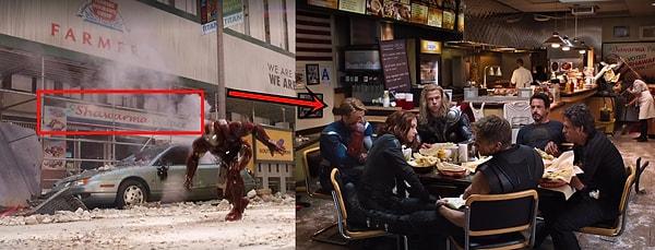 7. 'The Avengers'da, büyük savaş sahnesi sırasında gözümüze bir şavurma restoranı çarpıyor.