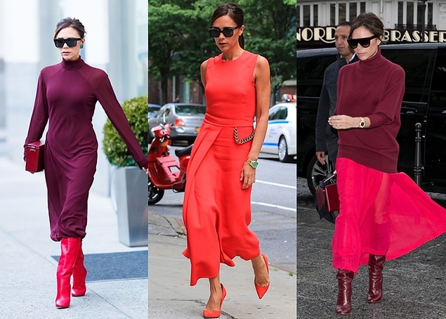 Victoria Beckham'ın tercihi ise sıklıkla kırmızıdan yana oluyor. Kendi tasarımlarında da kullandığı monokrom modası Beckham'ın zarif stiliyle eşsiz bir görüntü oluşturuyor.