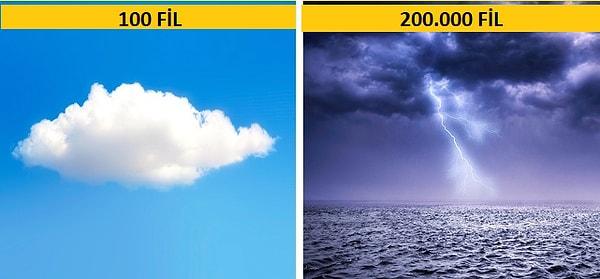 16. Ortalama bir bulut 100, fırtına bulutu ise 200.000 fil ağırlığındadır.
