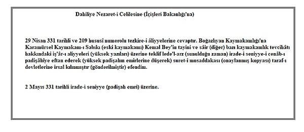 Bonus: Kemal Bey'in Karamürsel'den Boğazlıyan'a tayin belgesinin çeviri yazısı