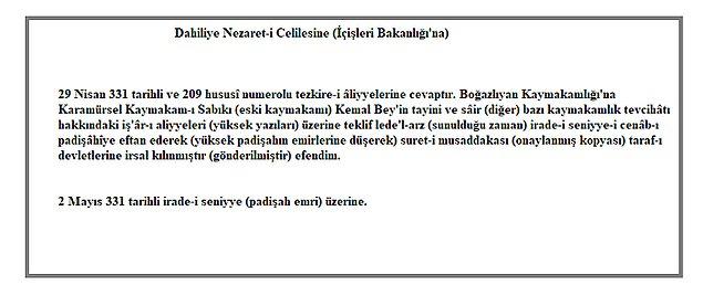 Bonus: Kemal Bey'in Karamürsel'den Boğazlıyan'a tayin belgesinin çeviri yazısı