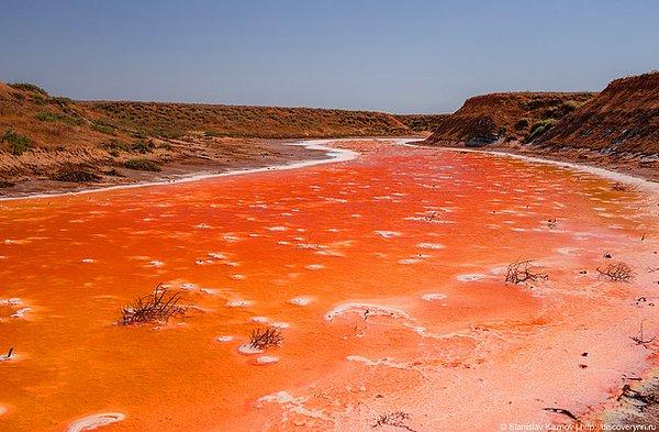 5. Rusya'daki Gorkaya Nehri. Nehrin rengi turuncu ve kızıl arasında değişiyor, sebebi ise içinde bulunan ağır miktarda metal oksit.