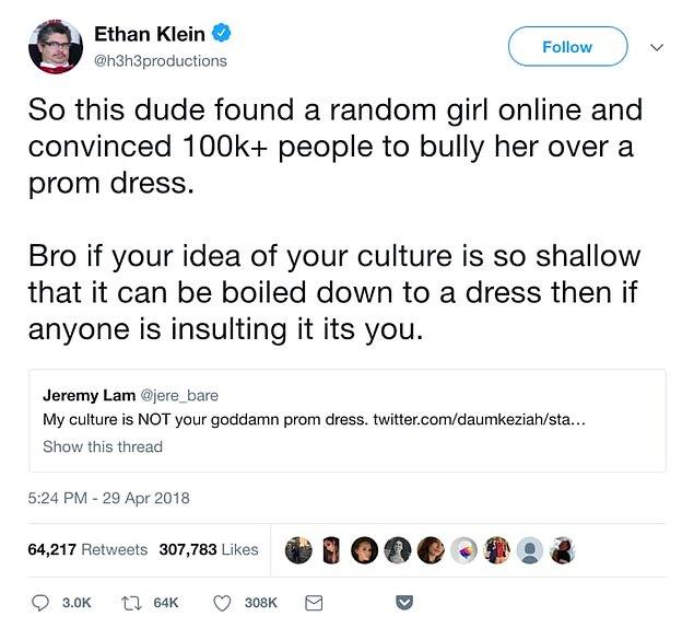 Aynı saatlerde Lam'in tweeti, Lam'i bir kıza balo kıyafeti için zorbalık yapmakla suçlayan YouTuber Ethan Klein tarafından farkedildi.