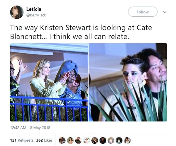 Bir başkası ise basitçe şu sözleri söyledi: "Kristen Stewart'ın Cate Blanchett'e bakışı... Sanırım hepimiz kendimizi bağdaştırabiliyoruz."