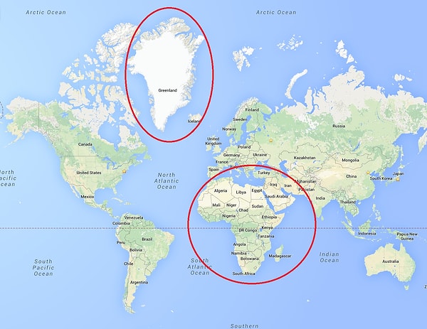 7. Мы привыкли думать, что Гренландия такая же по величине, как Африка.