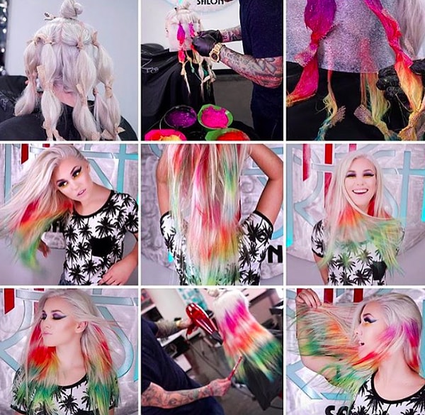 Волосы, аналогично ткани, скручиваются, окрашиваются и после расправления получают разноцветный узор.