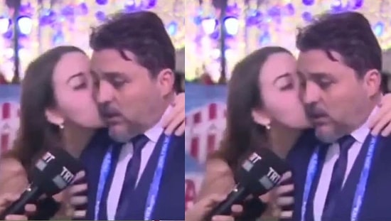 Dünya Kupası Yayını Sırasında TRT Spor Çalışanını Öpen Kadın