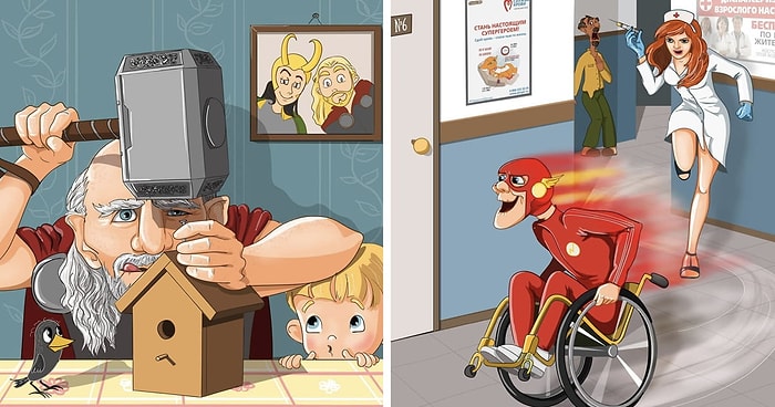 Супергерои Marvel и DC на пенсии: забавные иллюстрации от автора "Крошки Ши"