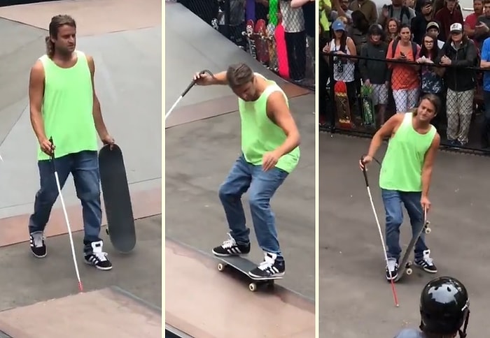 Görme Engelli Adamdan Ayakta Alkışlanacak Bir Kaykay Performansı