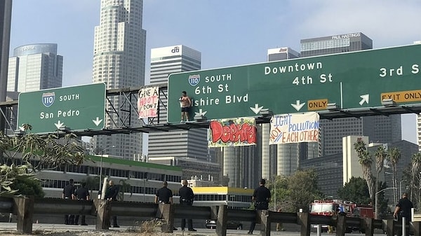 6. Полицейские, как вы видите, тоже в шоке. Это как же вас должно плющить, чтобы в голову пришла идея снять рубашку и забраться на дорожные знаки над дорогой?