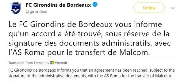 Bordeaux ve Roma, twitter üzerinden anlaşmayı böyle duyurmuşlardı;