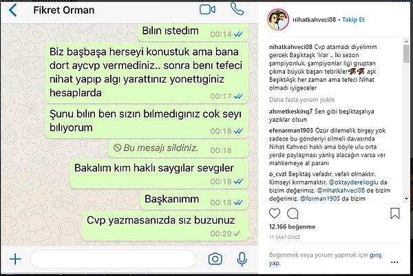Nihat Kahveci ise Fikret Orman'a yazdıklarını sosyal medyada paylaştı.