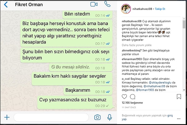 Nihat Kahveci ise Fikret Orman'a yazdıklarını sosyal medyada paylaştı.