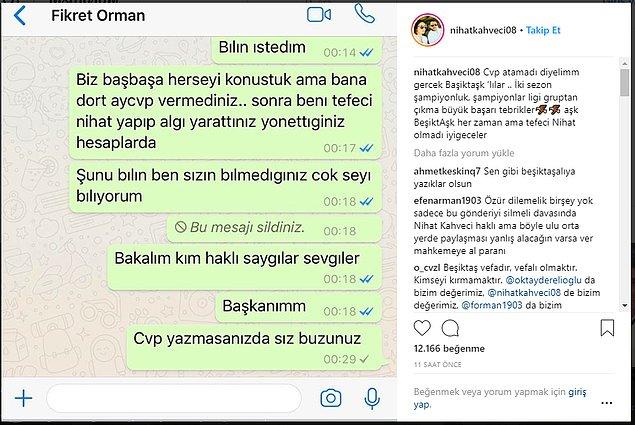 Nihat Kahveci ise Fikret Orman'a yazdıklarını sosyal medyada paylaştı.