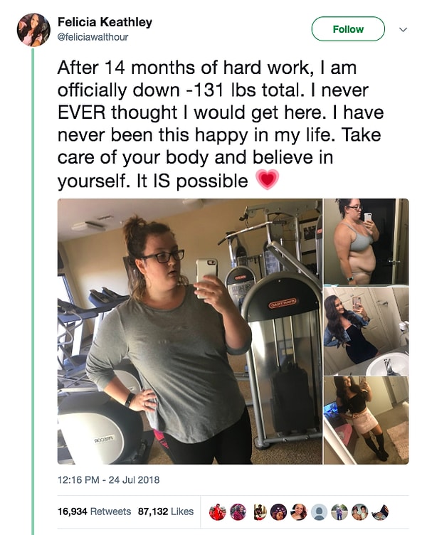 6. Гордая своими достижениями Фелиция поделилась фото «до» и «после» в Твиттере, написав: