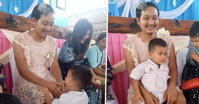 Chatchai Panuthai adındaki baba 3 ve 5 yaşlarındaki oğulları Imsome ve Ozone Tayland'da 12 Ağustos'ta kutlanan Anneler Günü'nde okulda düzenlenen eğlencenin tadını rahatça çıkarabilsinler diye elinden geleni ardına koymadı.