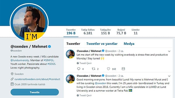 151 bin kişinin takip ettiği resmi Twitter hesabını İsveç Lund Üniverstiesi'nde Uluslararası Kalkınma ve Yönetim dalında yüksek lisans yapan Mehmet Murat Doğan devraldı.