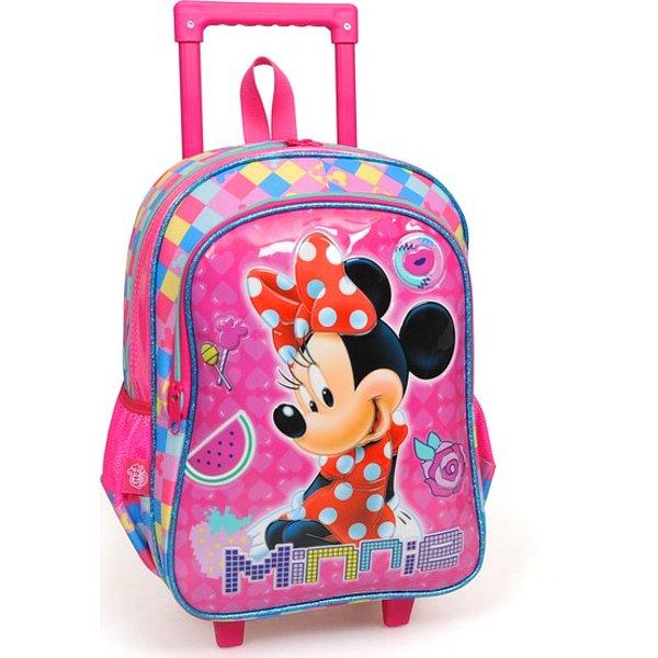 7. Çocuklarımızın ağır kitapları, defterleri sırtlarında taşımasına gönlünüz el vermiyorsa alabileceğiniz; çekçekli Minnie Mouse okul çantası.