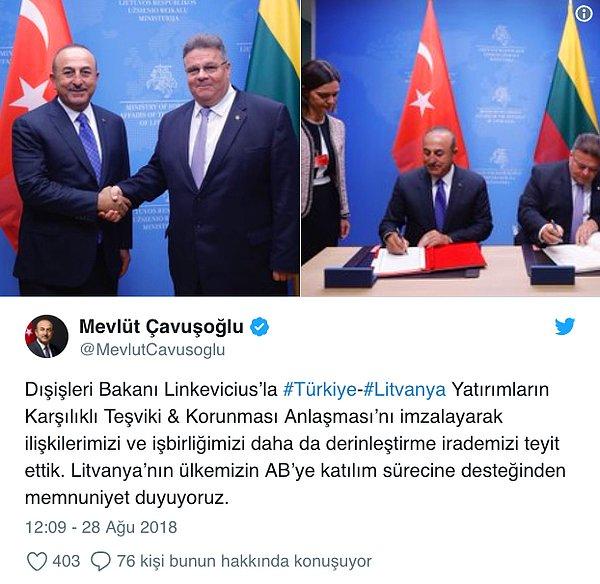 Türkiye Cumhuriyeti ile Litvanya Cumhuriyeti hükümetleri arasında "Yatırımların Karşılıklı Teşviki ve Korunmasına İlişkin Anlaşma" imzalandı.