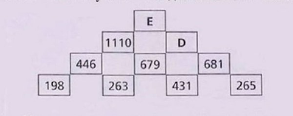 4. Согласно телевизионному опросу, многие сингапурские взрослые считают эту задачу для третьеклассников сложной и даже неразрешимой. Изучите внимательно картинку. Какие значения скрываются по D и E?