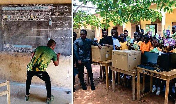 2. Ganalı bir öğretmen, öğrencilerine kara tahta üzerinde çizerek Microsoft Word kullanmayı öğretiyordu. Okullarına bilgisayar bağışı yapıldı.